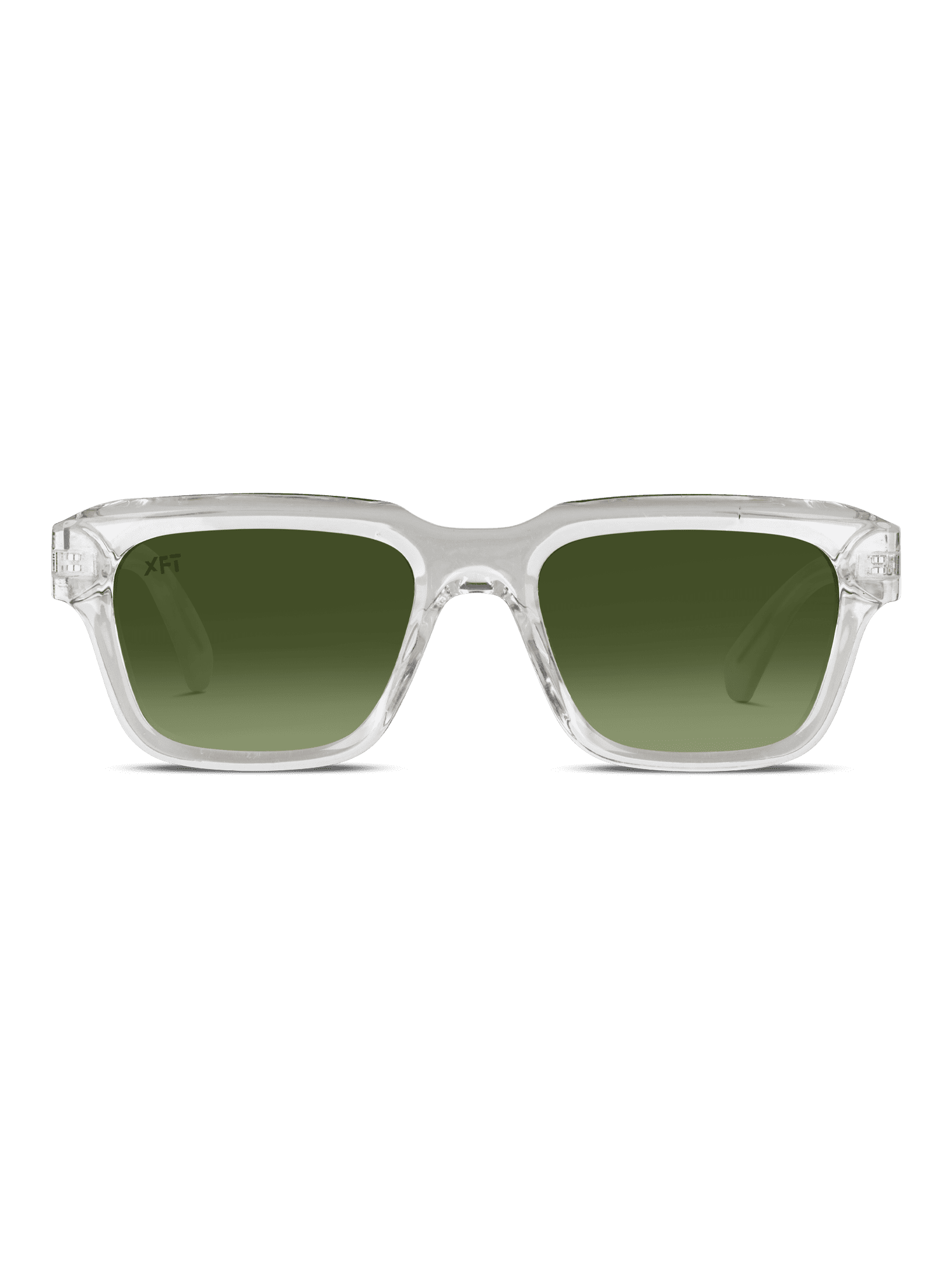 I Crystalith di X Frame Therapy sono occhiali da sole rettangolari unisex con montatura chiara e lenti colorate di verde, realizzati in acetato di cellulosa di prima qualità e presentati su uno sfondo bianco semplice.