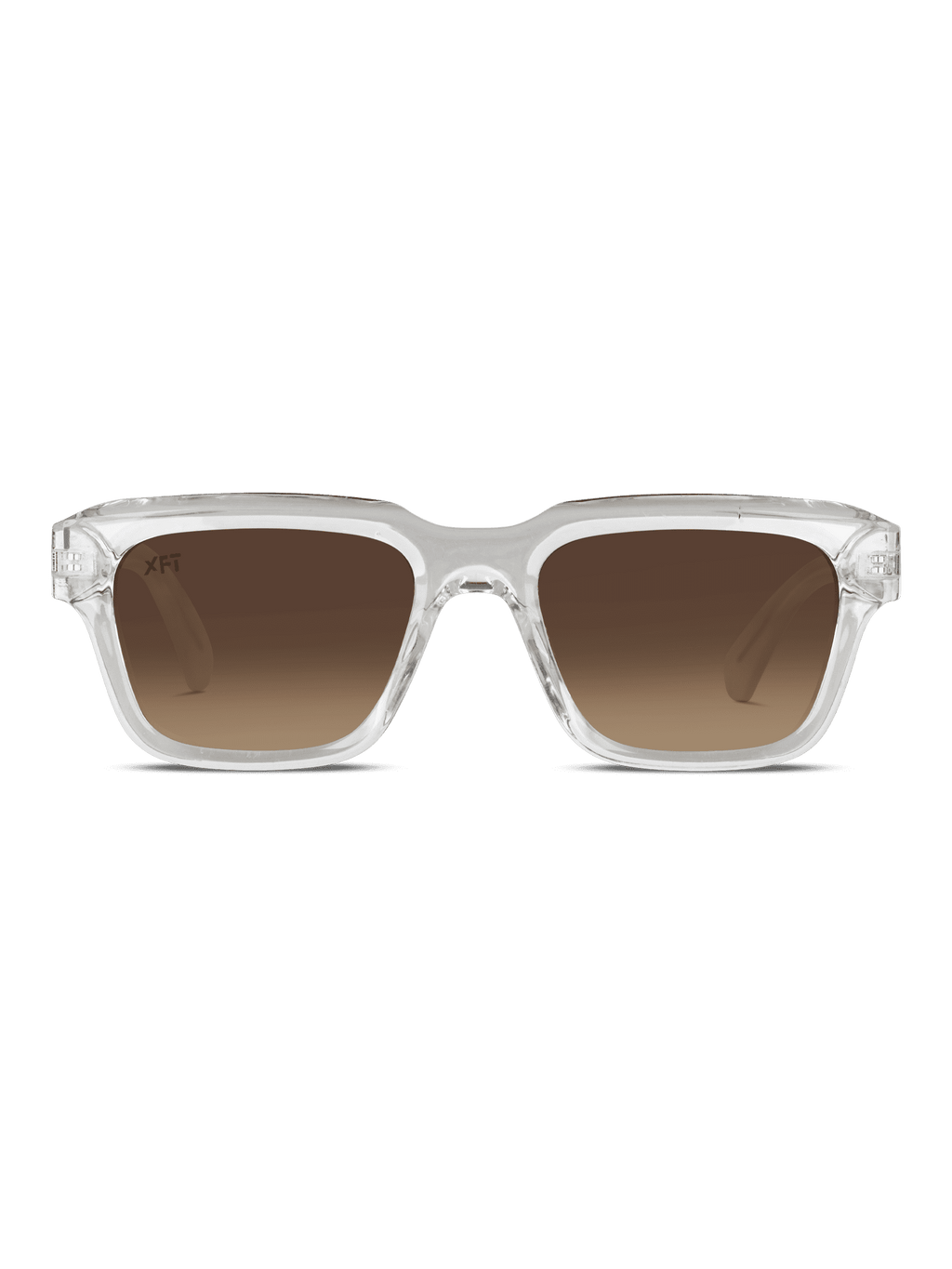 Crystalith di X Frame Therapy: occhiali da sole rettangolari unisex con montatura chiara e lenti sfumate marroni in acetato. Visione frontale su sfondo bianco.