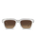 Crystalith di X Frame Therapy: occhiali da sole rettangolari unisex con montatura chiara e lenti sfumate marroni in acetato. Visione frontale su sfondo bianco.