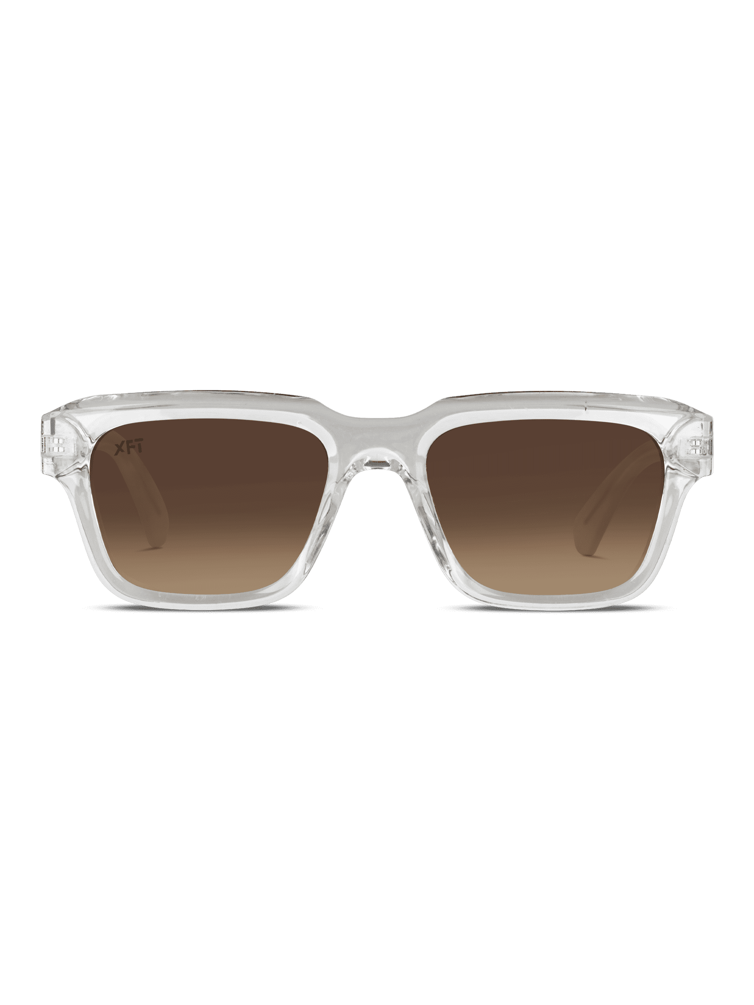 Crystalith di X Frame Therapy: occhiali da sole rettangolari unisex con montatura chiara e lenti sfumate marroni in acetato. Visione frontale su sfondo bianco.