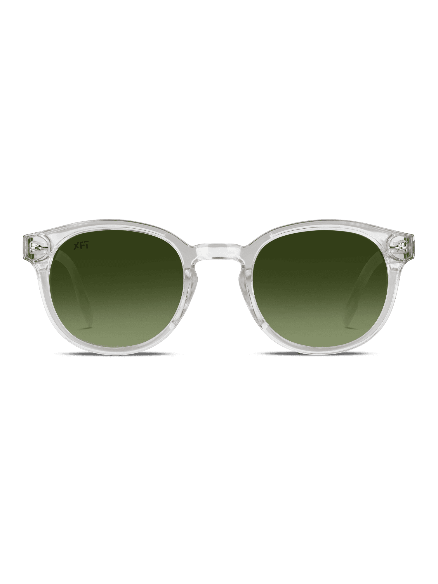 Gli occhiali da sole Luminatrix di X Frame Therapy presentano montatura trasparente in acetato di cellulosa e lenti tonde verdi sfumate con protezione UV, esposte su sfondo bianco.