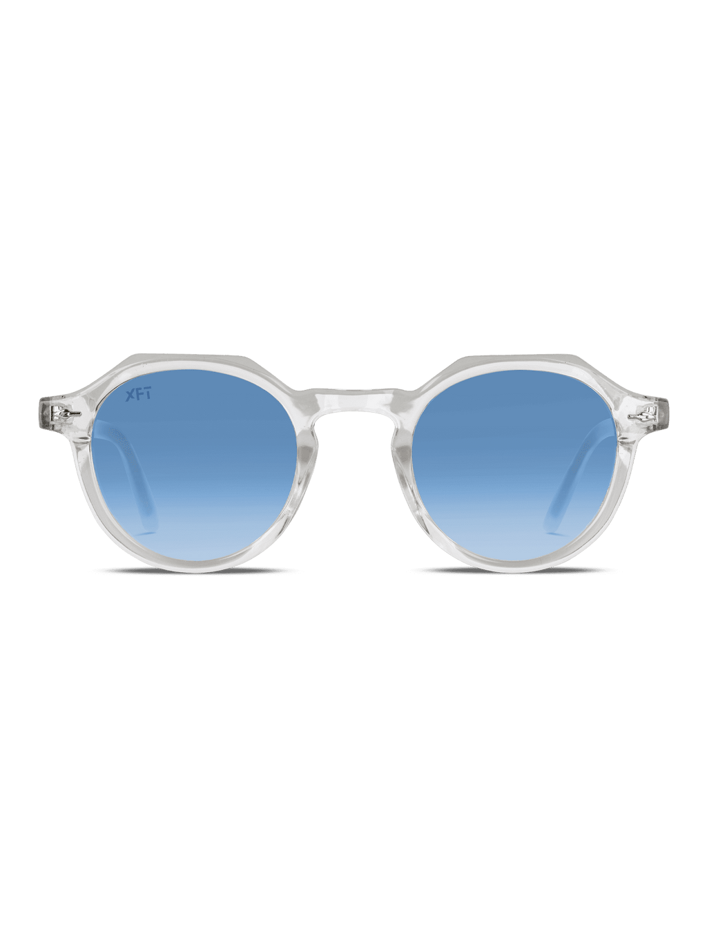 Occhiali da sole Lucentia rotondo Unisex di X Frame Therapy, con montatura chiara e lenti blu sfumate con protezione UV400, su sfondo bianco.
