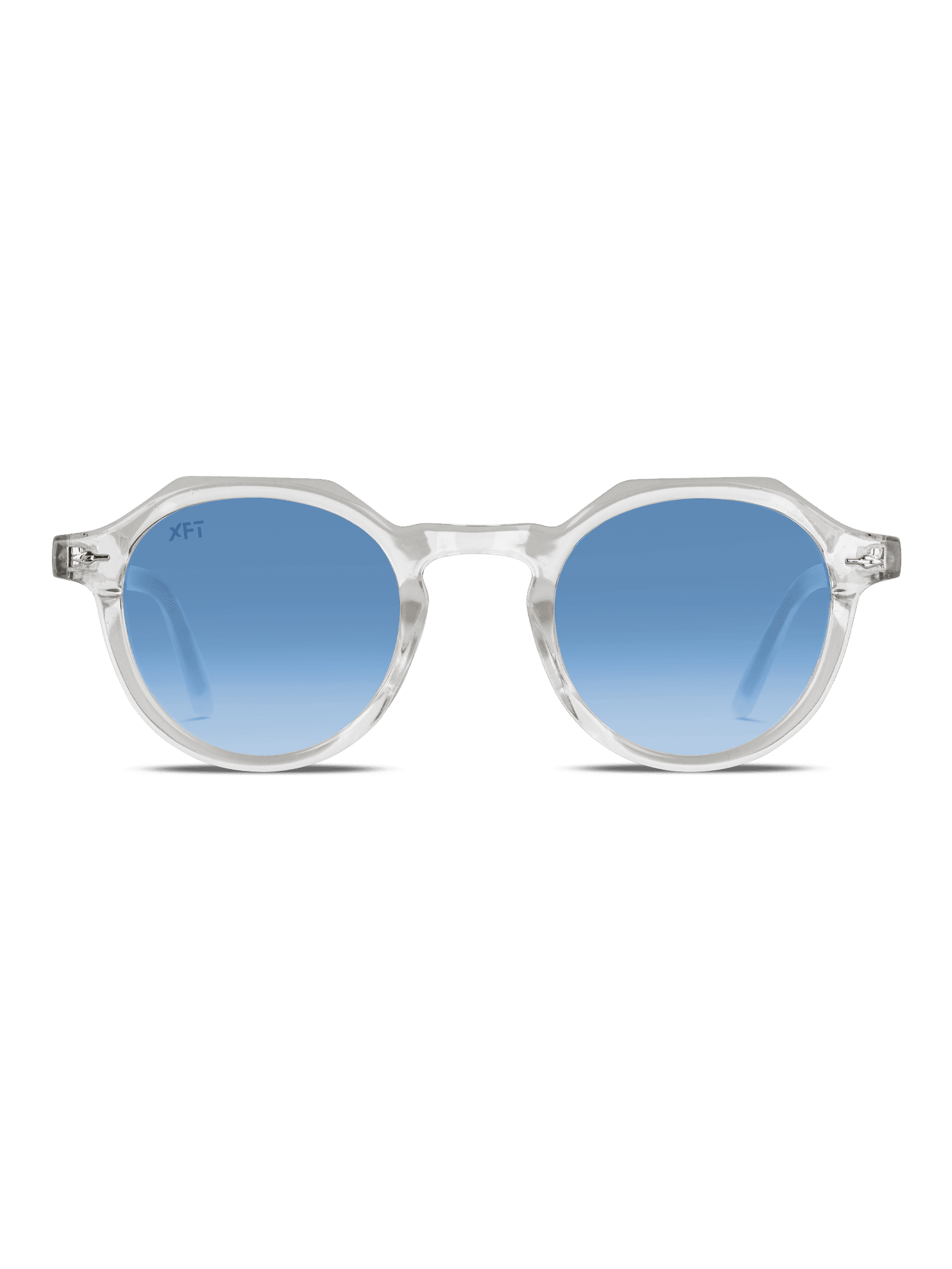 Occhiali da sole Lucentia rotondo Unisex di X Frame Therapy, con montatura chiara e lenti blu sfumate con protezione UV400, su sfondo bianco.