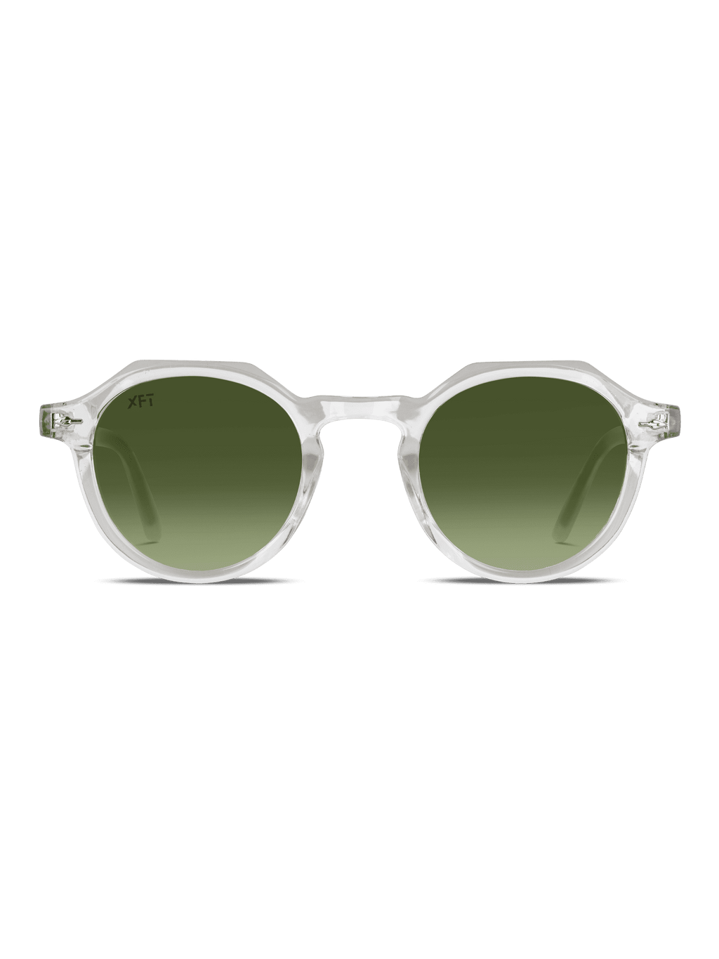 Gli Occhiali da sole Lucentia rotondo Unisex di X Frame Therapy sono caratterizzati da montatura chiara e lenti verdi sfumate con protezione UV400, su sfondo bianco.