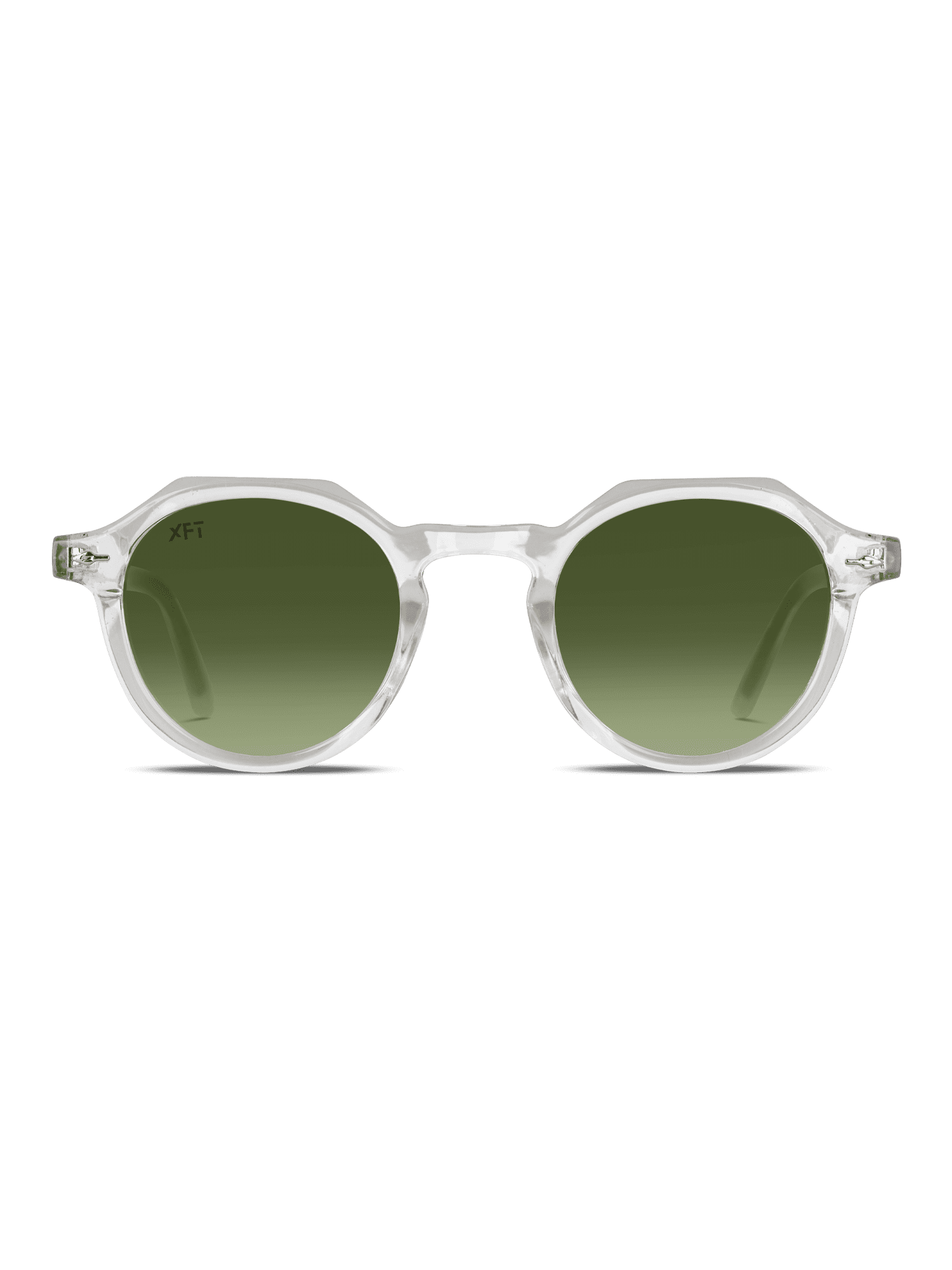 Gli Occhiali da sole Lucentia rotondo Unisex di X Frame Therapy sono caratterizzati da montatura chiara e lenti verdi sfumate con protezione UV400, su sfondo bianco.