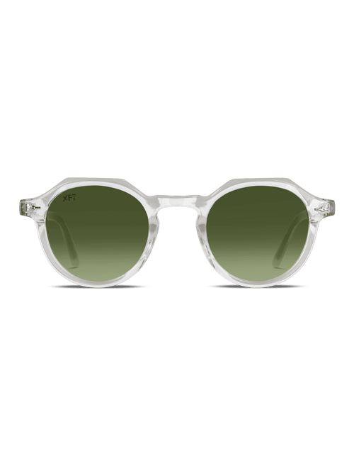 Gli Occhiali da sole Lucentia rotondo Unisex di X Frame Therapy sono caratterizzati da montatura chiara e lenti verdi sfumate con protezione UV400, su sfondo bianco.