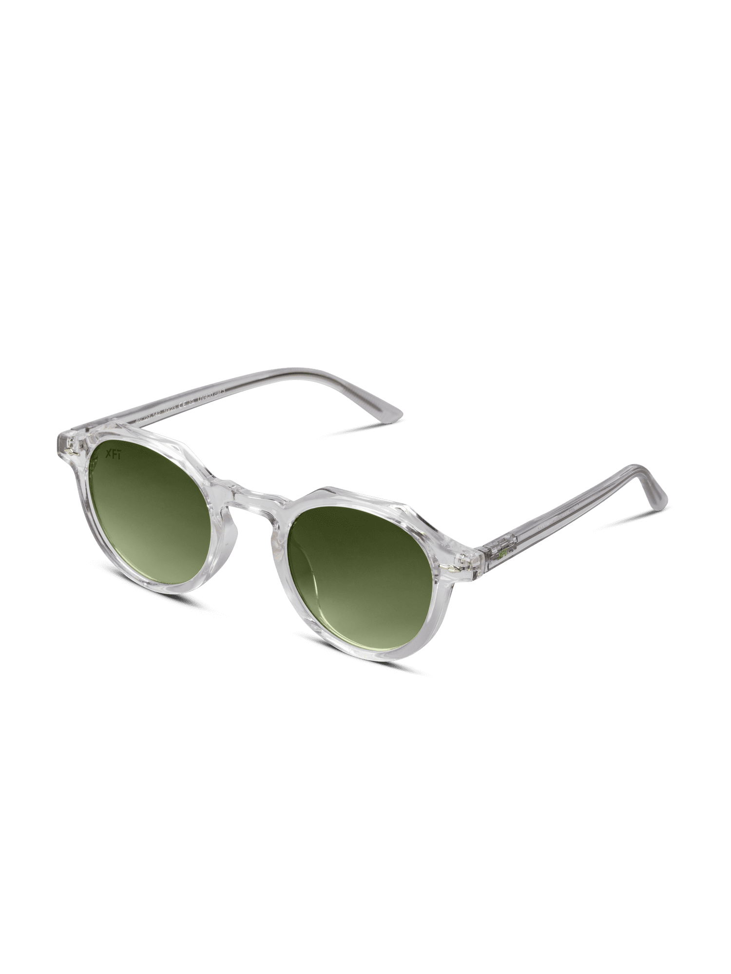 Gli Occhiali da sole Lucentia rotondo Unisex di X Frame Therapy sono caratterizzati da montatura chiara, lenti colorate verdi e protezione UV400, visualizzate in posizione angolata su sfondo bianco.