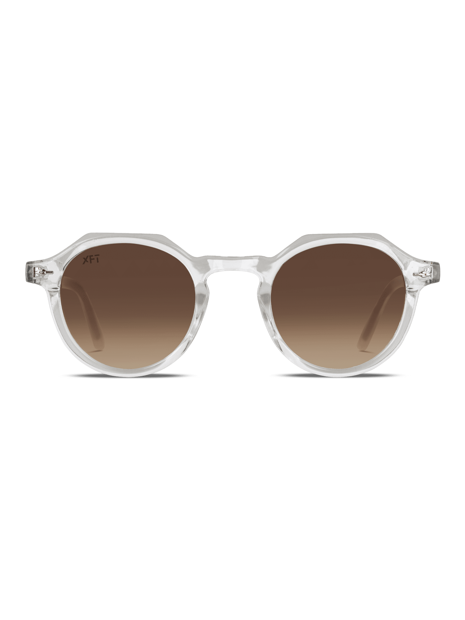 Occhiali da sole Lucentia rotondo Unisex di X Frame Therapy con montatura trasparente e lenti marroni sfumate UV400, mostrate su sfondo bianco.