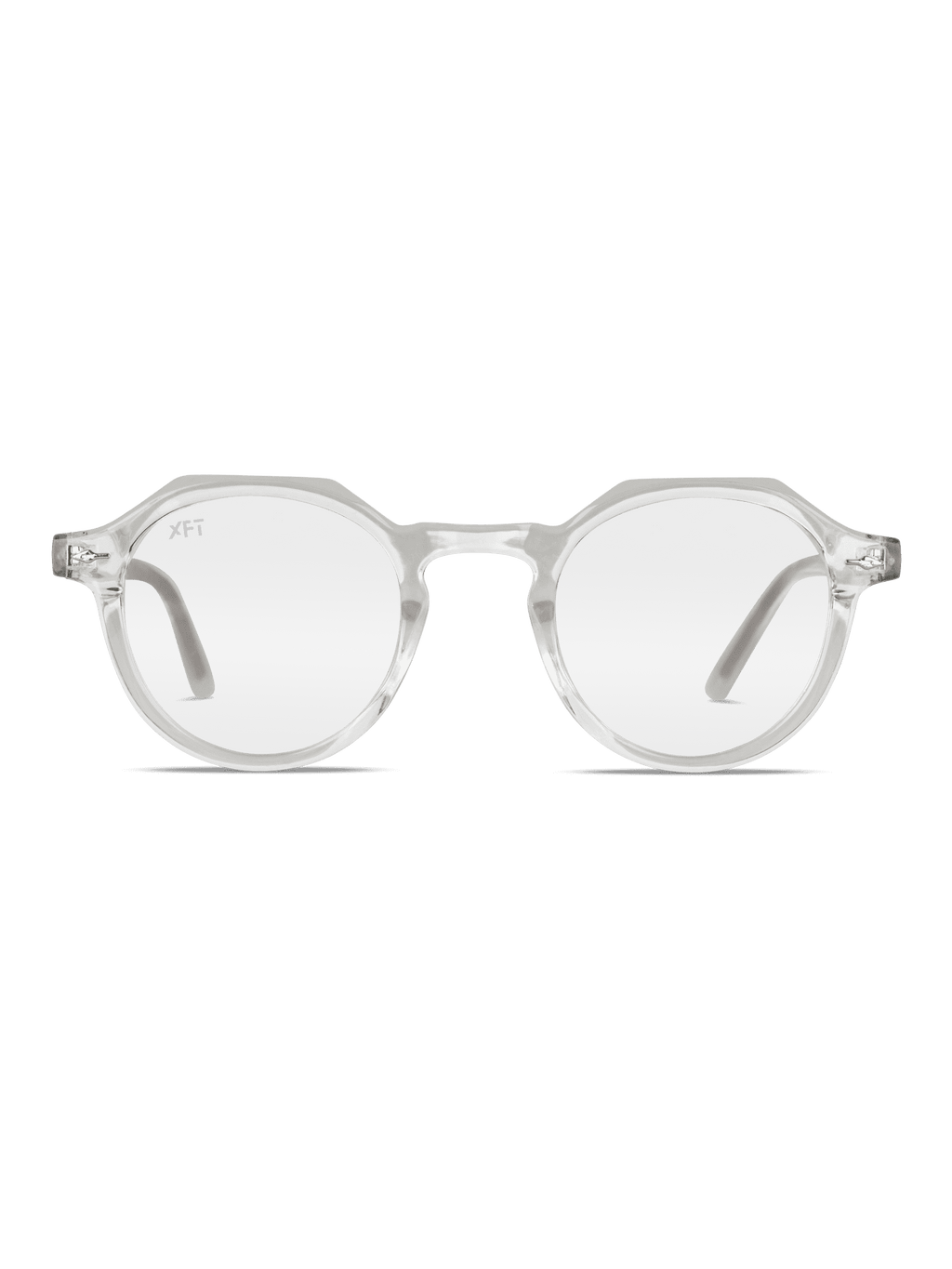 Gli Occhiali luce blu Lucentia lenti trasparenti Unisex di X Frame Therapy sono occhiali rotondi con montatura angolare in acetato di cellulosa trasparente, perfetti come schermi protettivi per occhiali, presentati su sfondo bianco.