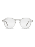 Gli Occhiali luce blu Lucentia lenti trasparenti Unisex di X Frame Therapy sono occhiali rotondi con montatura angolare in acetato di cellulosa trasparente, perfetti come schermi protettivi per occhiali, presentati su sfondo bianco.