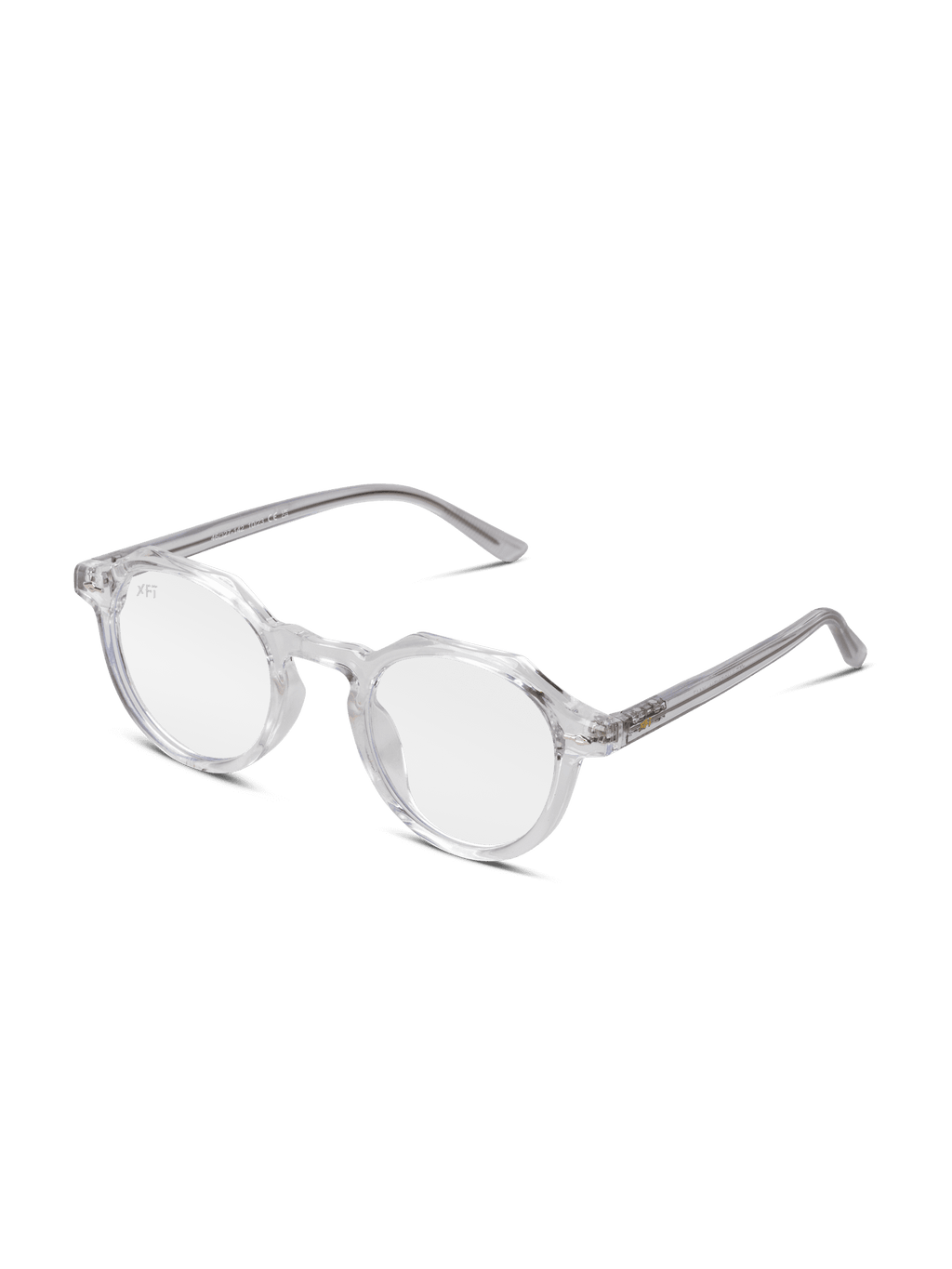 Occhiali luce blu Lucentia lenti trasparenti di X Frame Therapy Occhiali tondi e trasparenti con montatura in acetato trasparente per la protezione dalla luce blu, elegantemente disposti ad angolo su sfondo bianco.