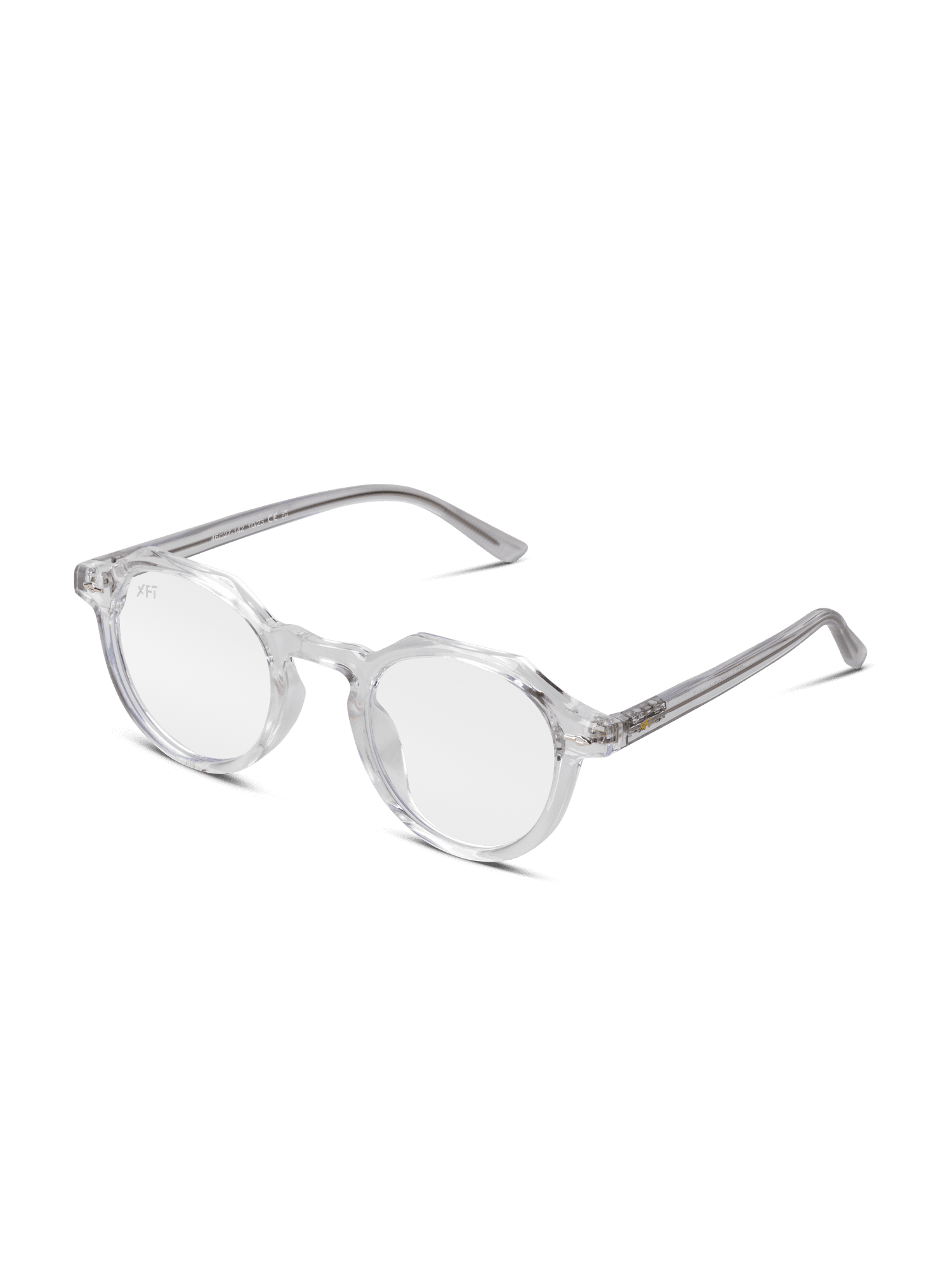Occhiali luce blu Lucentia lenti trasparenti di X Frame Therapy Occhiali tondi e trasparenti con montatura in acetato trasparente per la protezione dalla luce blu, elegantemente disposti ad angolo su sfondo bianco.