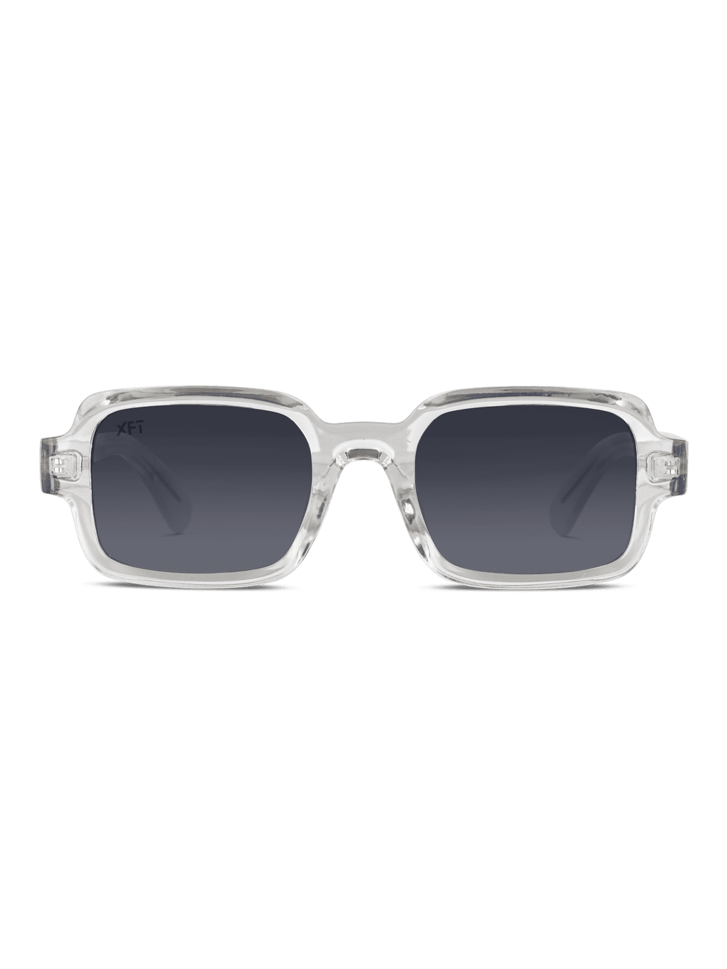 I Neocraft di X Frame Therapy sono occhiali da sole rettangolari unisex con montatura in plastica spessa e trasparente e lenti scure sfumate con protezione UV400, su sfondo bianco.