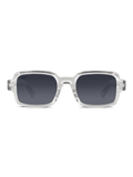 I Neocraft di X Frame Therapy sono occhiali da sole rettangolari unisex con montatura in plastica spessa e trasparente e lenti scure sfumate con protezione UV400, su sfondo bianco.