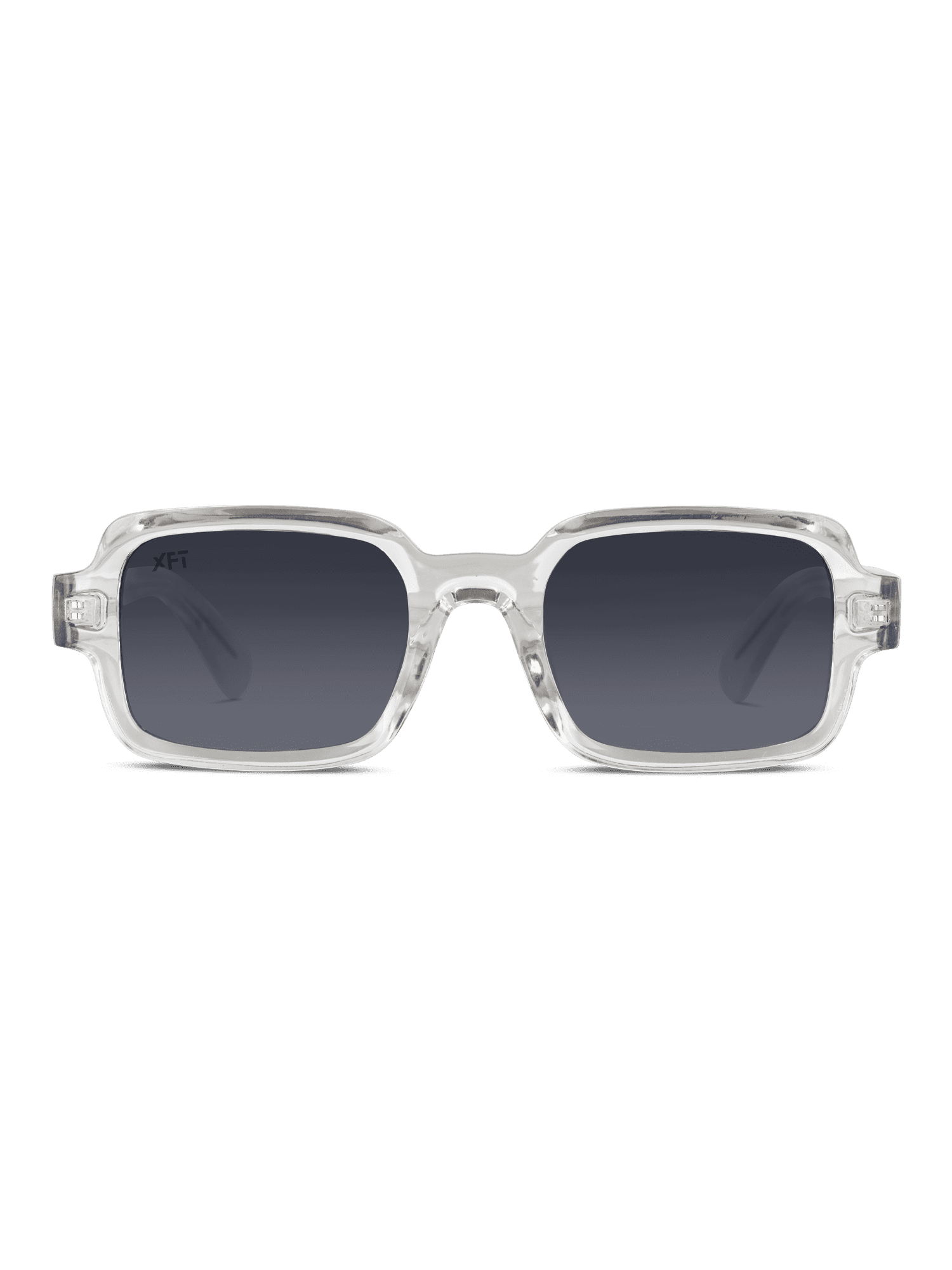 I Neocraft di X Frame Therapy sono occhiali da sole rettangolari unisex con montatura in plastica spessa e trasparente e lenti scure sfumate con protezione UV400, su sfondo bianco.