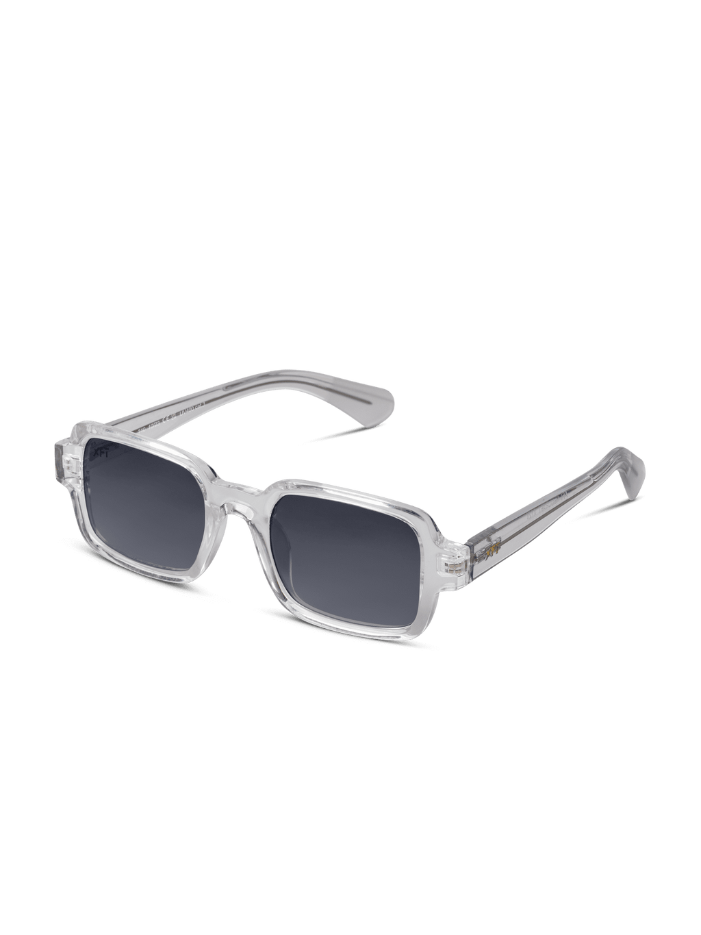 Gli occhiali da sole Neocraft unisex di X Frame Therapy sono caratterizzati da montatura rettangolare chiara, lenti scure UV400 e stanghette trasparenti con dettagli sottili, perfetti per ogni stile. Visualizzati su un semplice sfondo bianco.