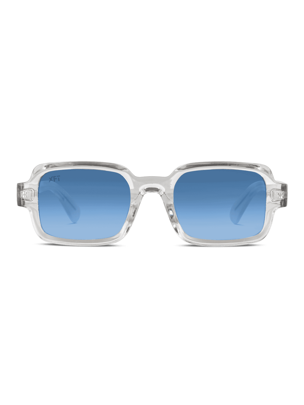 Un paio di occhiali da sole unisex rettangolari Neocraft di X Frame Therapy con montatura trasparente e lenti colorate blu, con protezione UV400, esposti frontalmente su uno sfondo bianco.