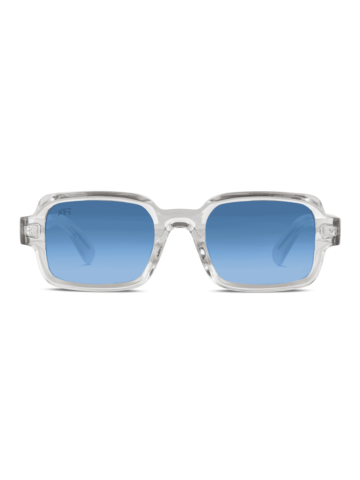 Un paio di occhiali da sole unisex rettangolari Neocraft di X Frame Therapy con montatura trasparente e lenti colorate blu, con protezione UV400, esposti frontalmente su uno sfondo bianco.