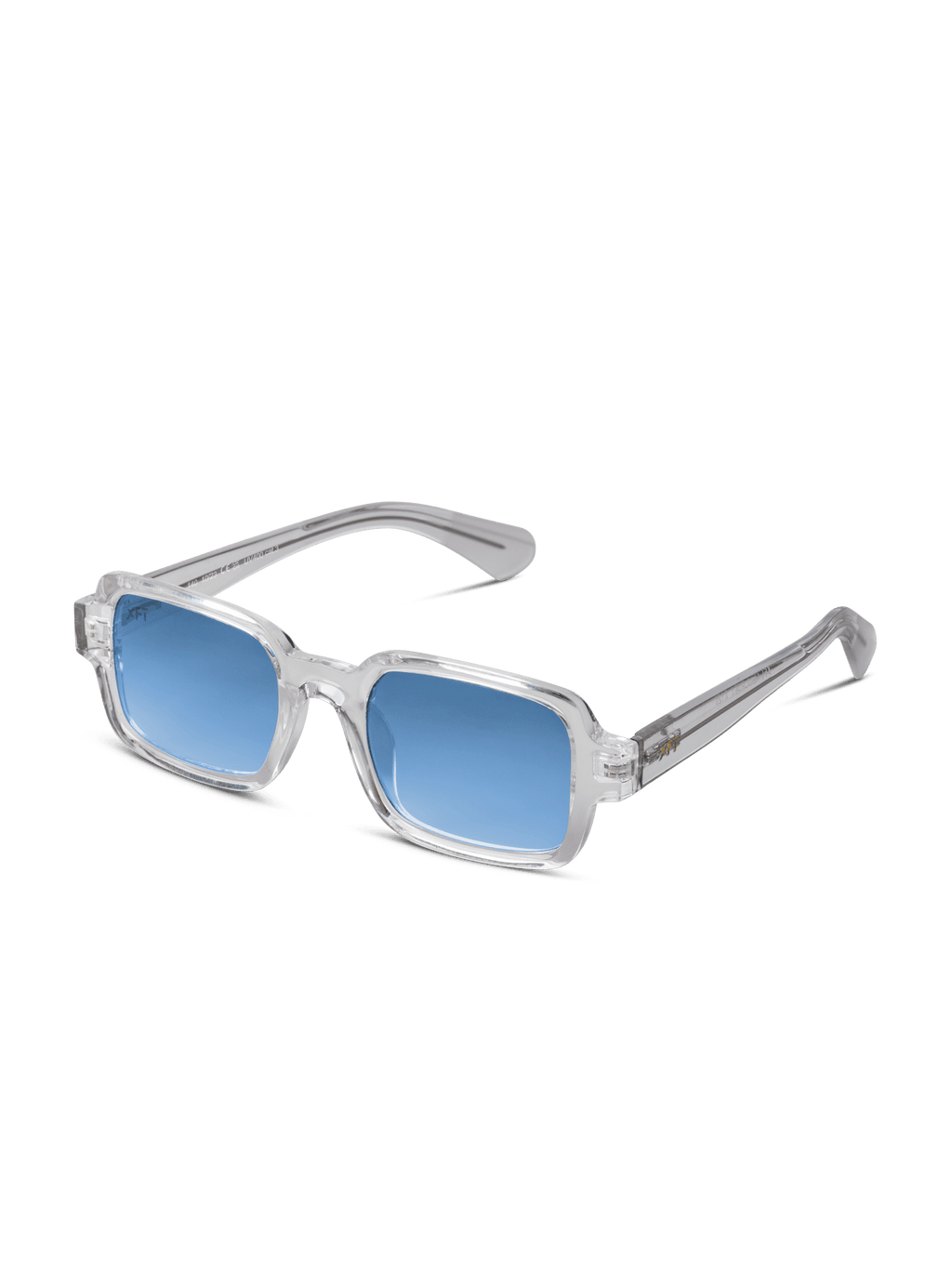 Neocraft by X Frame Therapy: occhiali da sole unisex con montatura rettangolare chiara e lenti blu, su sfondo bianco. Le stanghette trasparenti completano il look moderno e offrono protezione UV400.