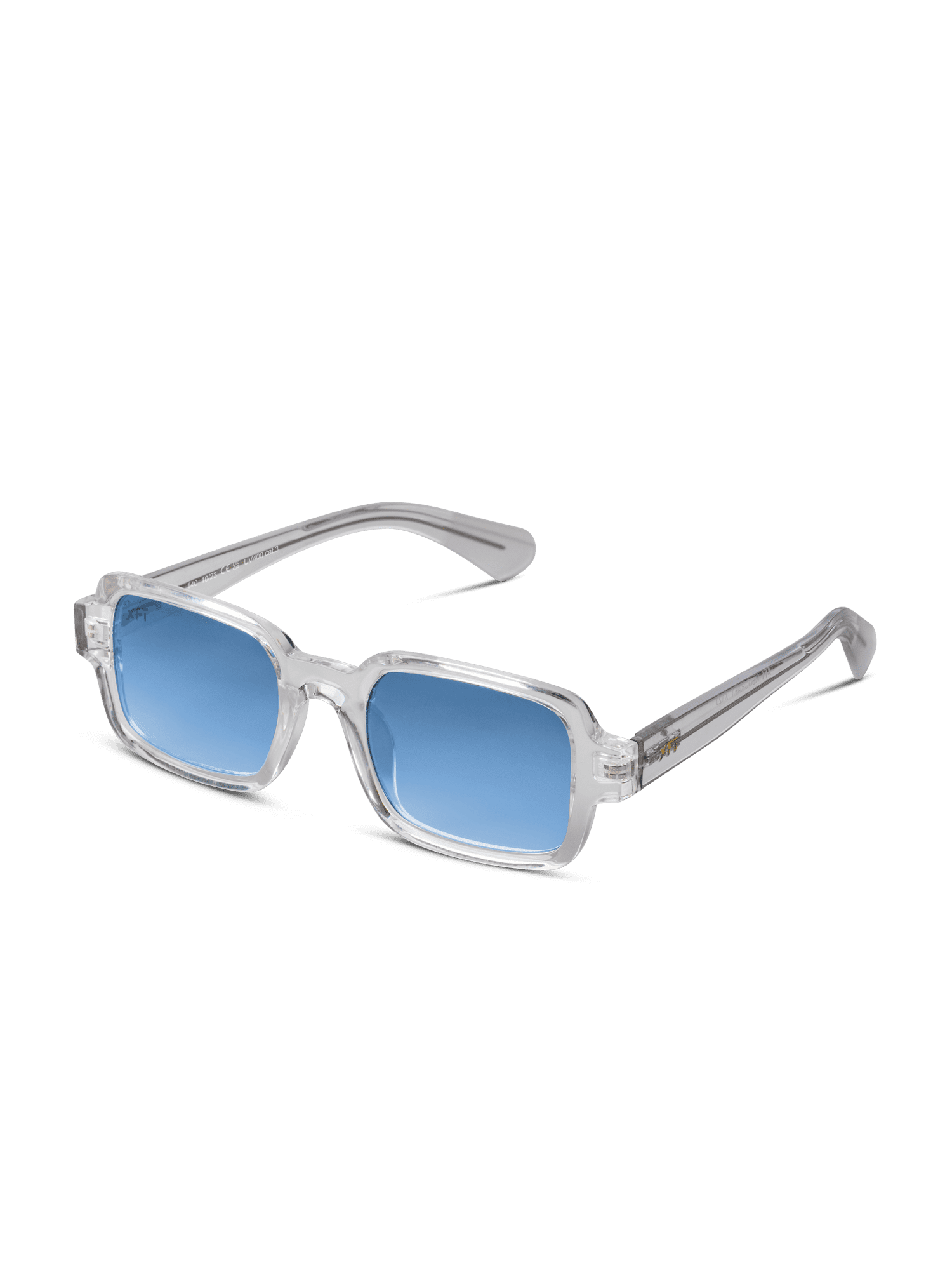 Neocraft by X Frame Therapy: occhiali da sole unisex con montatura rettangolare chiara e lenti blu, su sfondo bianco. Le stanghette trasparenti completano il look moderno e offrono protezione UV400.
