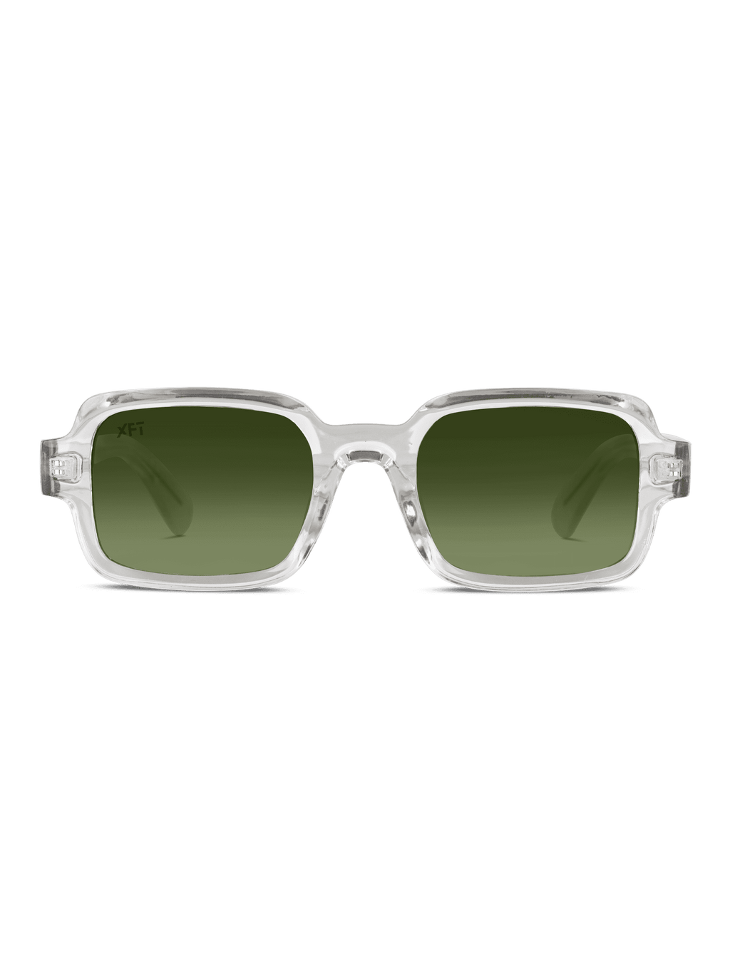 Gli occhiali da sole Neocraft unisex di X Frame Therapy sono caratterizzati da una montatura rettangolare chiara e spessa e da lenti sfumate verde scuro con protezione UV400, raffigurate rivolte in avanti su uno sfondo bianco.