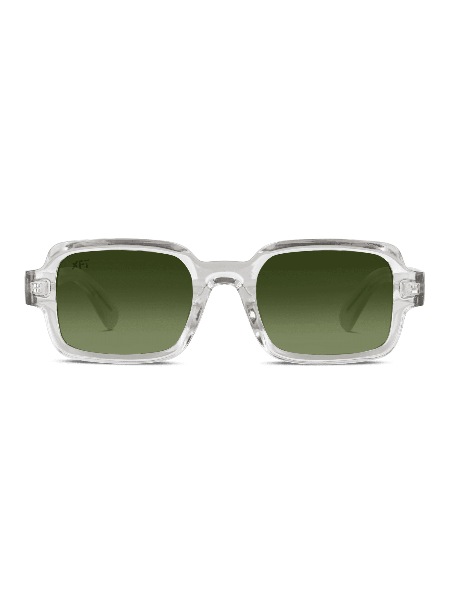 Gli occhiali da sole Neocraft unisex di X Frame Therapy sono caratterizzati da una montatura rettangolare chiara e spessa e da lenti sfumate verde scuro con protezione UV400, raffigurate rivolte in avanti su uno sfondo bianco.