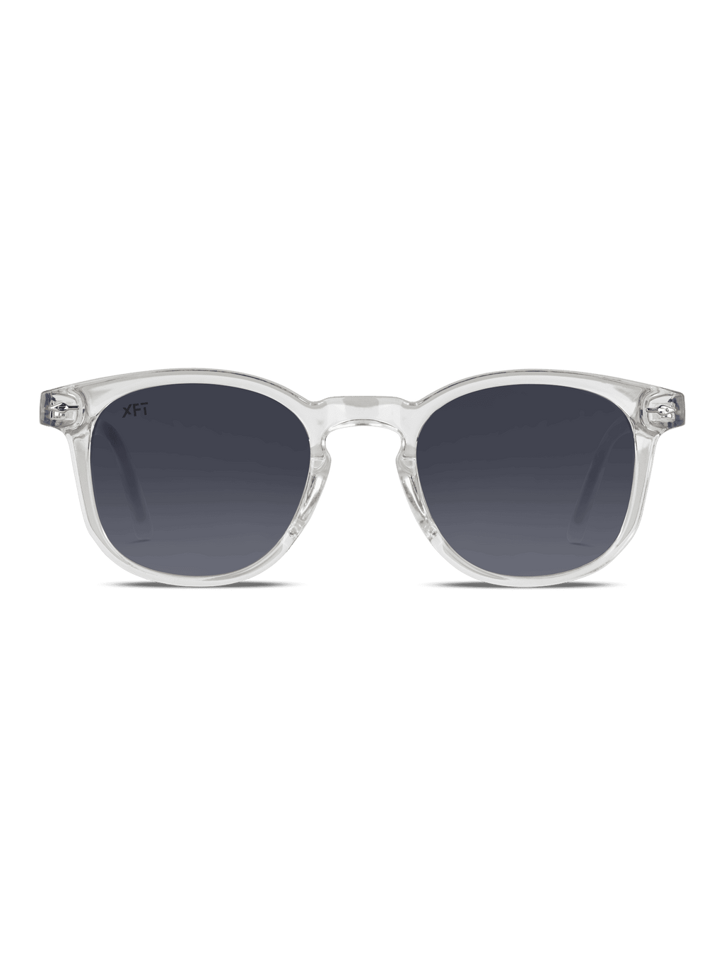 Prismalith di X Frame Therapy: occhiali da sole con montatura chiara e lenti rotonde UV400 colorate di nero, realizzati in acetato di cellulosa. Mostrati in una vista frontale su uno sfondo bianco.