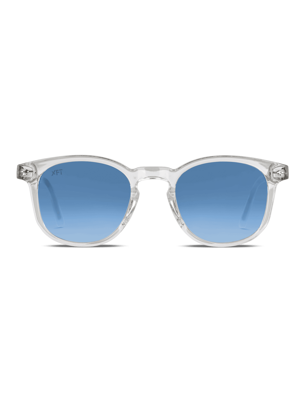 Il modello Prismalith di X Frame Therapy è caratterizzato da una montatura chiara e da lenti rotonde blu sfumate UV400 in acetato di cellulosa, su sfondo bianco.
