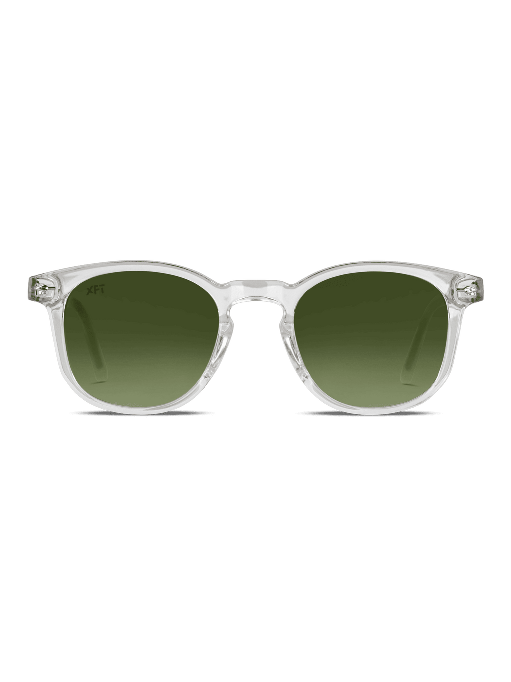 Prismalith di X Frame Therapy: occhiali da sole con montatura chiara e lenti UV400 rotonde di colore verde su sfondo bianco.