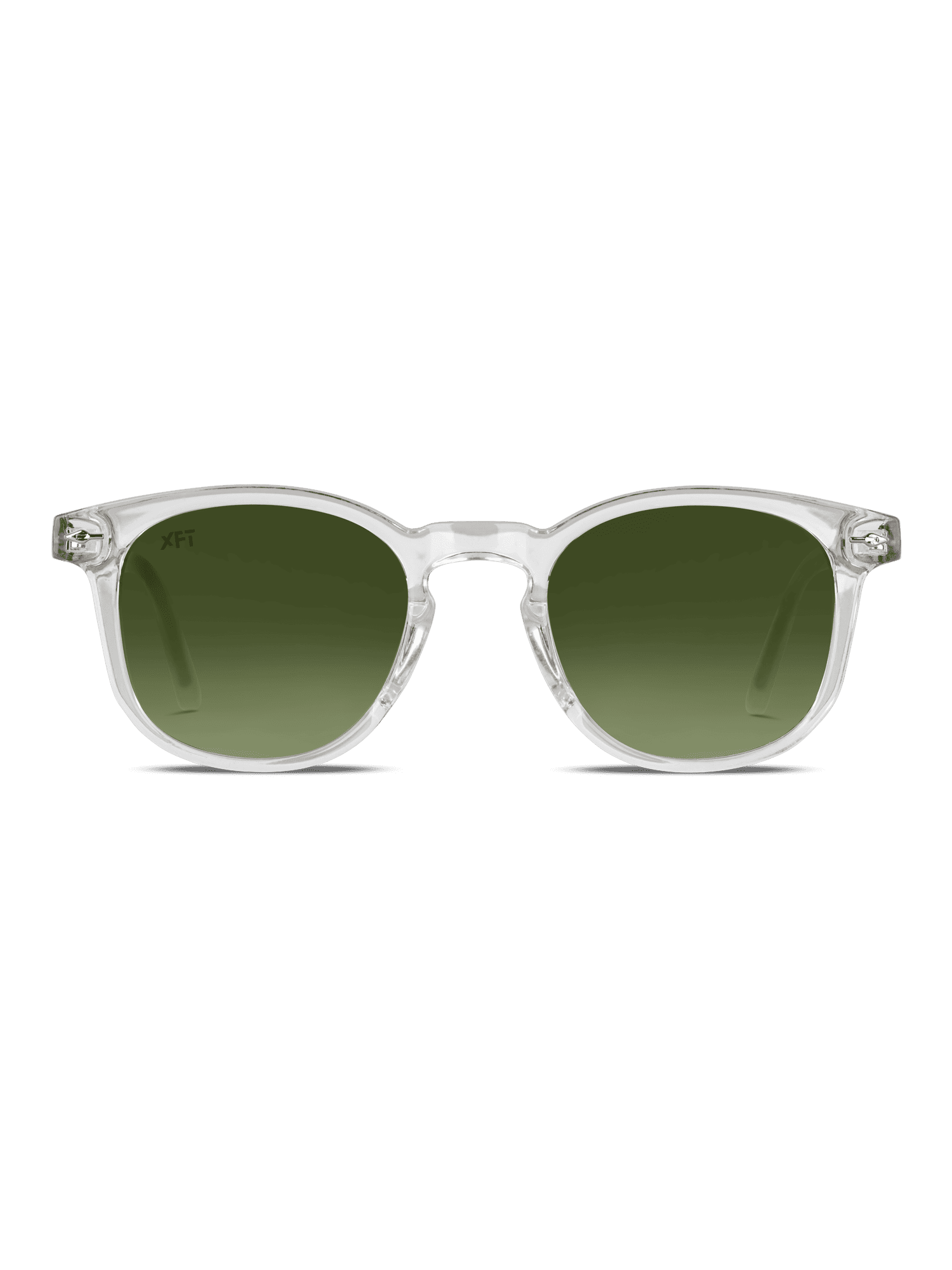Prismalith di X Frame Therapy: occhiali da sole con montatura chiara e lenti UV400 rotonde di colore verde su sfondo bianco.