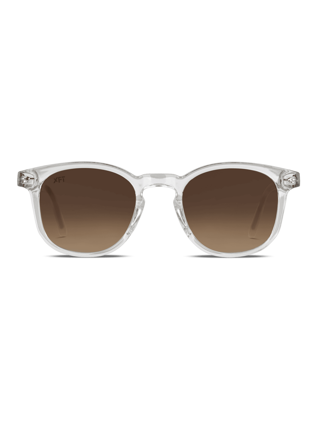 Prismalith di X Frame Therapy: occhiali da sole rotondi con montatura chiara UV400 e lente marrone sfumata, su sfondo bianco.