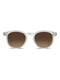 Prismalith di X Frame Therapy: occhiali da sole rotondi con montatura chiara UV400 e lente marrone sfumata, su sfondo bianco.