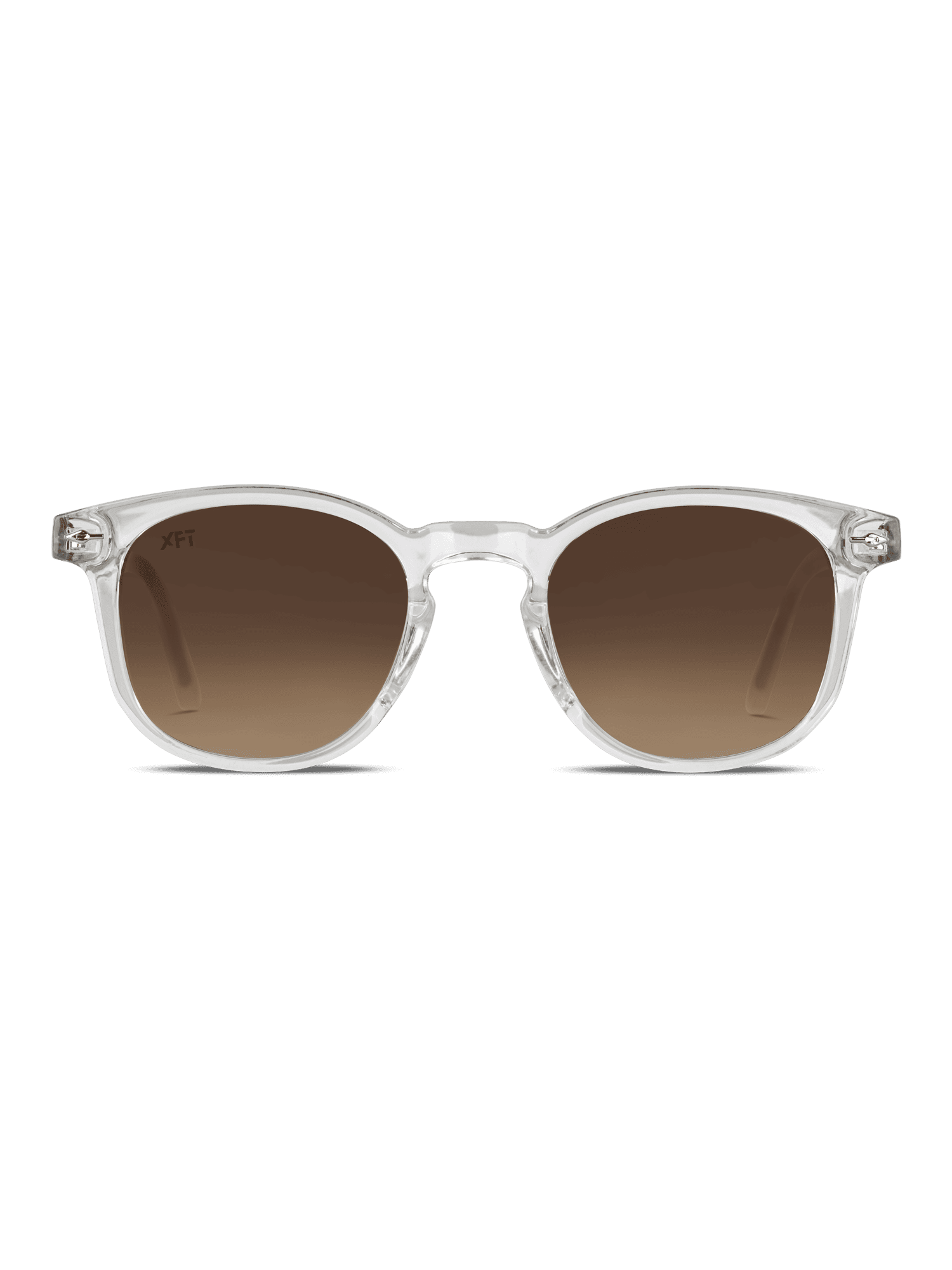 Prismalith di X Frame Therapy: occhiali da sole rotondi con montatura chiara UV400 e lente marrone sfumata, su sfondo bianco.