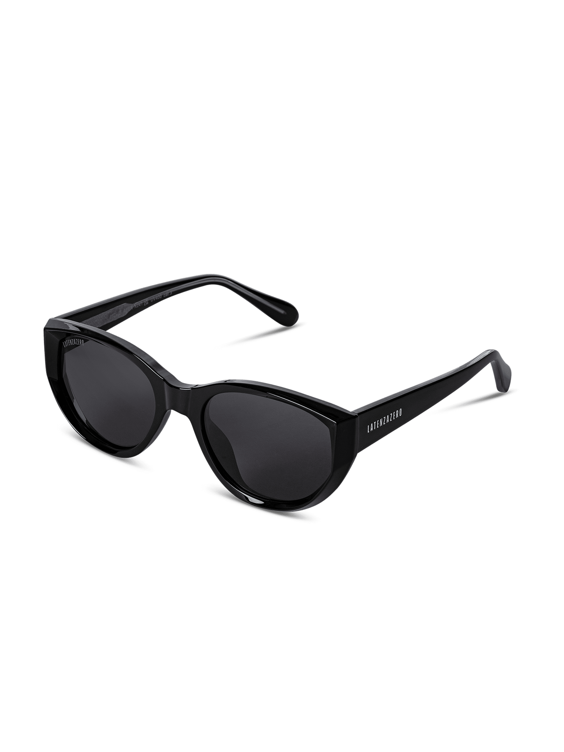 Gli Occhiali da Sole Apex Unisex in Acetato di Latenzazero sono caratterizzati da montatura rotonda nera, lenti scure polarizzate UV400 e stanghette spesse, che offrono una protezione completa degli occhi. Mostrati su uno sfondo bianco semplice.