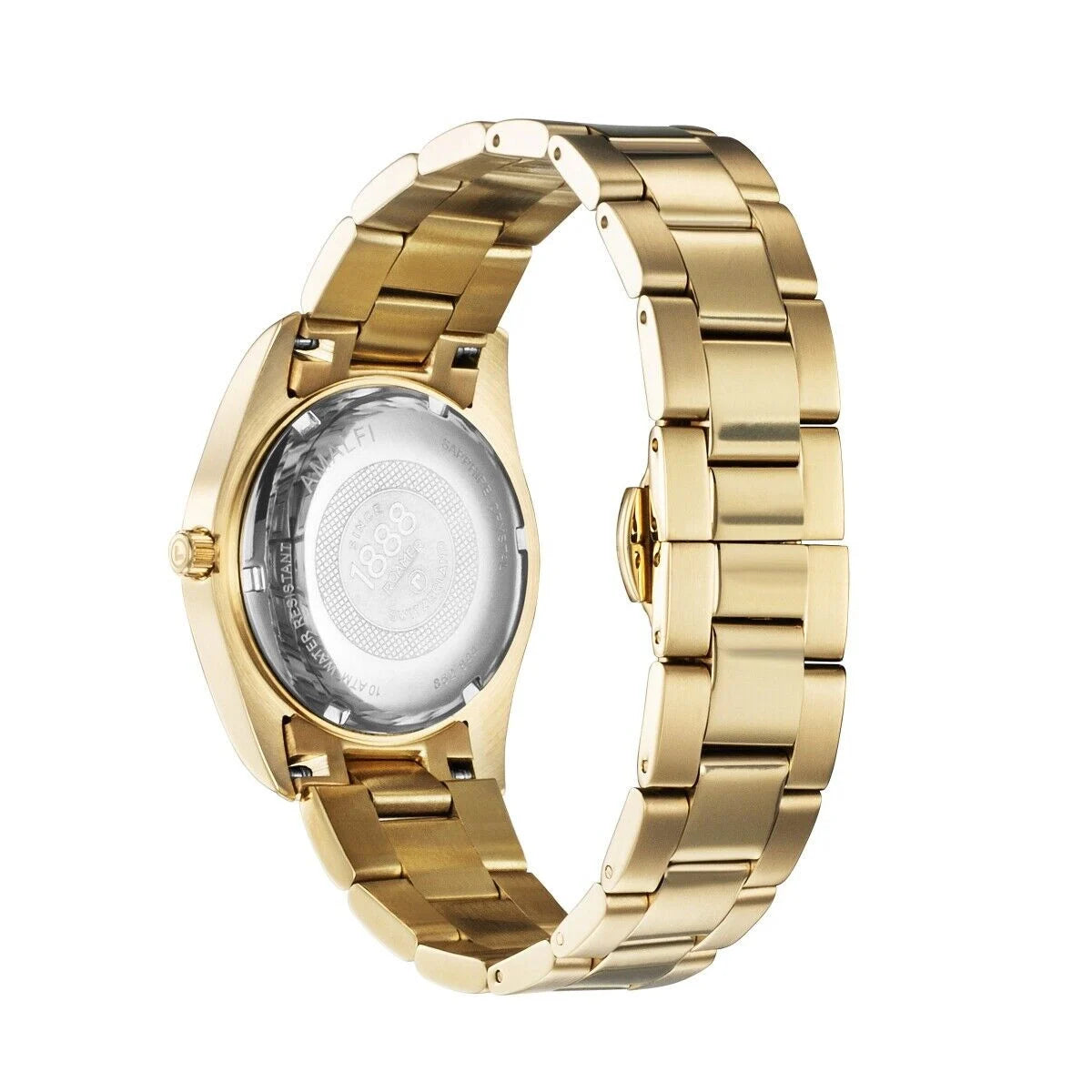 Il Roamer Amalfi 852844487920 Orologio donna di Roamer è presentato dal retro, con cassa rotonda chiusa, finitura in oro lucido, corona a vista sul lato e fascia a maglie in metallo.