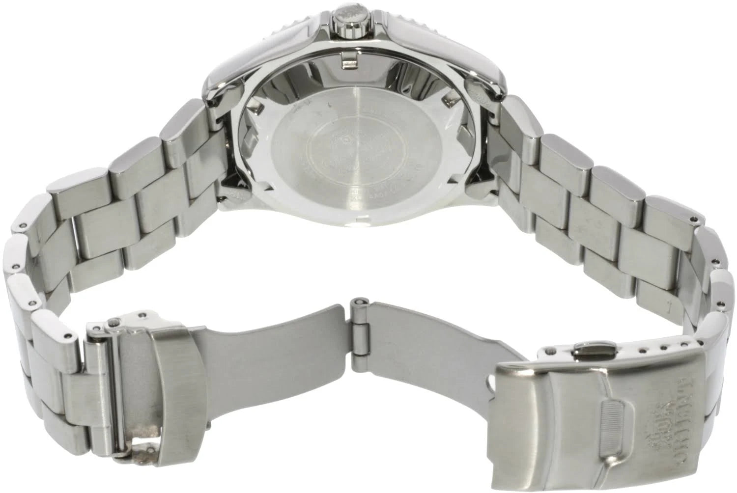 L'Orient Mako II Automatico FAA02001B9 di Orient è un orologio da polso in acciaio inossidabile con la chiusura aperta, che rivela il fondello dell'orologio automatico e il cinturino in metallo stile bracciale, disteso.